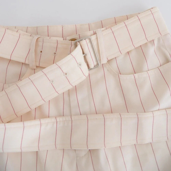 Orseund Iris Cream w Red Pinstripe Wide Leg Mid-Rise Crop Dress Pants Trousers 6 - Picture 11 of 14
